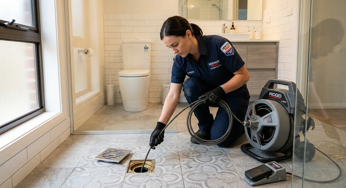 Technician clearing a bathroom floor drain for Sewer Line Installation in Greenbrier